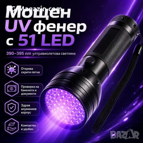 Мощен UV фенер LED ултравиолетова светлина ув фенерче за камък смола кръв урина професионален