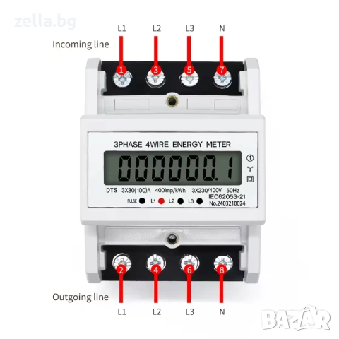 Дигитален трифазен електромер 380V 100A – Клас 1, LCD дисплей 6+1, монтаж на DIN шина 10430, снимка 3 - Друга електроника - 54694676