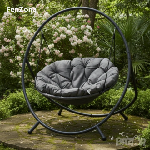 Висящ стол PATIO с тъмносива  възглавница и сива рамка - стилен акцент за всеки дом и градина