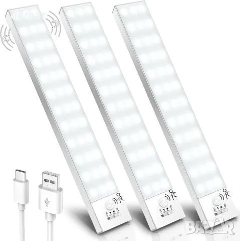 Комплект 3 броя LED USB лампи за гардероб със сензор за движение и магнитно закрепване