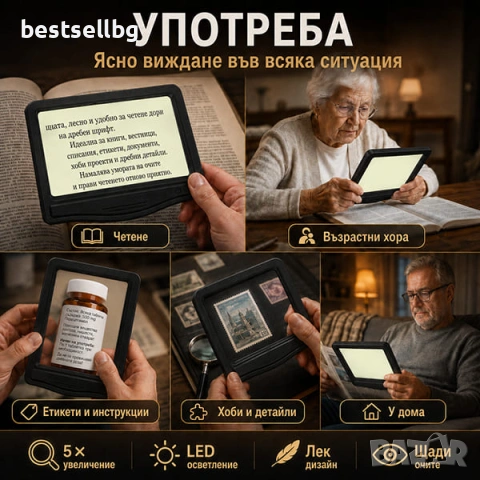 Акумулаторна голяма лупа за четене на книга вестник 5X с 24 LED светлини антиблясъчна леща и Type C, снимка 2 - Други инструменти - 42547981
