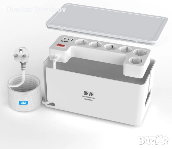 BEVA скрит удължител с кутия за кабели – 6 контакта + 3 USB-A + 1 USB-C, 3680W, 16A, 2м кабел