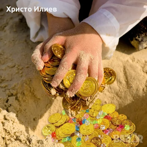Пиратско съкровище комплект монети камъни и торбичка, снимка 5 - Други - 55310256