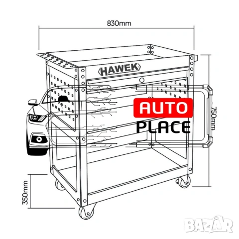 Количка за инструменти с 3 рафта, поставка за отвертки и чекмедже HAWEK, снимка 6 - Други инструменти - 53968883