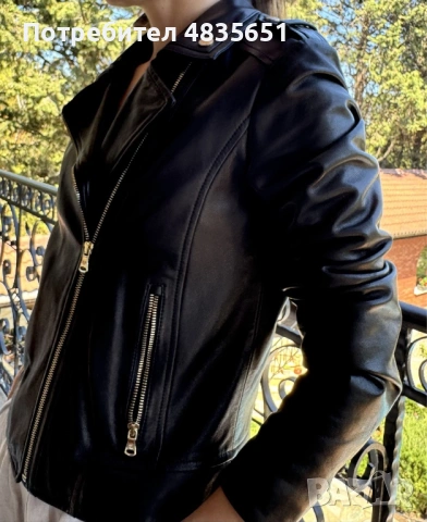 Дамско черно кожено яке Massimo Dutti, снимка 2 - Якета - 54646602