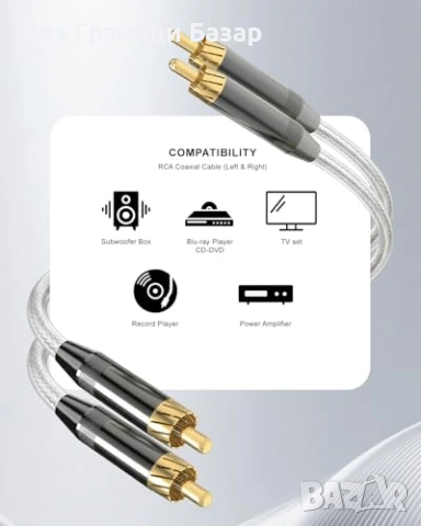 Нови Hi-Fi RCA аудио кабел 1.8 м 2 броя за усилвател саундбар субуфер сребърно ядро 24K позлата, снимка 6 - Други - 55153057