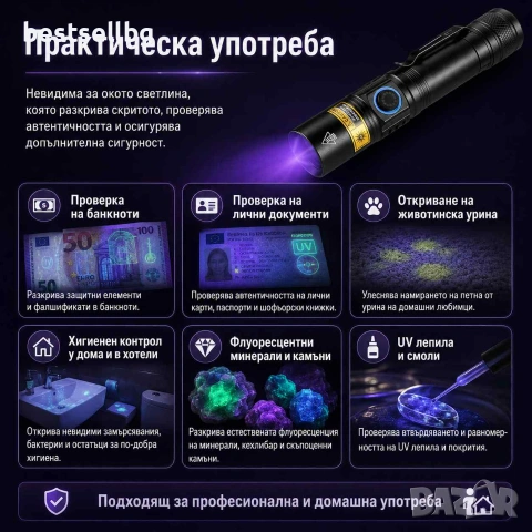 Професионален UV фенер 365nm 5W с черен филтър Type-C зареждане и батерия 18650, снимка 3 - Други инструменти - 55154488