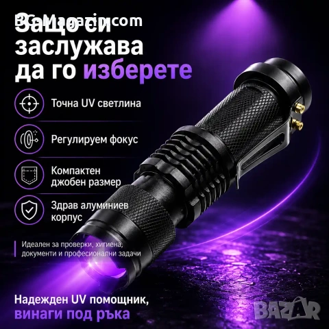 Мощен LED акумулаторен UV ръчен фенер 395nm ув фенерче лампа за камък смола урина кръв пари нокти, снимка 5 - Къмпинг осветление - 51027960