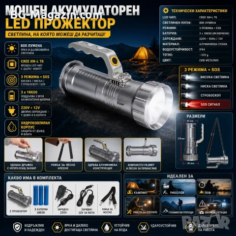 Професионален мощен акумулаторен ръчен прожектор LED фенер 3 батерии 18650 за лов риболов къмпинг, снимка 8 - Къмпинг осветление - 51027579