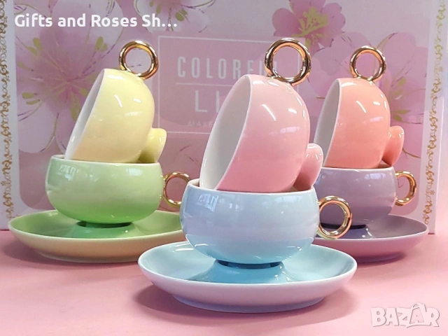 Много нежен и сладурски порцеланов сервиз за кафе с 6 чашки в различен цвят и 6 чинийки