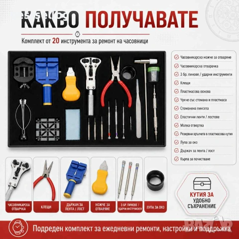 Професионален комплект часовникарски инструмент лупа отвертки пинсета, снимка 5 - Отвертки - 29262850