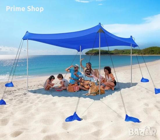 3x3м Плажна тента/ шатра за 8 човека, UPF 50+, 8 торби за пясък, Индиго, Rhino Valley