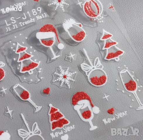 Коледни червени брокатени LS-J189 самозалепващи лепенки ваденки за нокти маникюр декорация, снимка 3 - Продукти за маникюр - 54011264