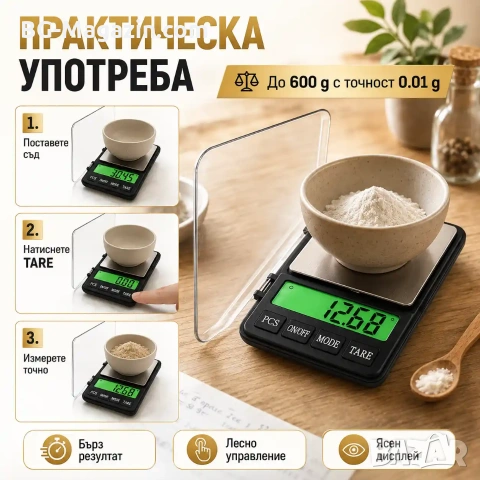 Прецизна и точна бижутерска електронна везна 0.01 кухненска за храна кафе злато лекарства добавки, снимка 4 - Везни - 50929923