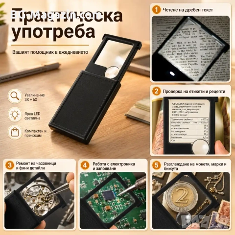 Увеличителна джобна сгъваема ръчна лупа с LED осветление за четене 3X 6X лед лампа мини етикети, снимка 6 - Други инструменти - 50920170