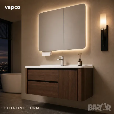 Луксозен шкаф за баня от масивно дърво 2801 (Walnut Balance) със заоблен дизайн и смарт огледало, снимка 11 - Шкафове - 55480754