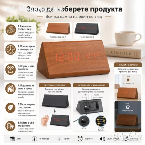 Декоративен LED настолен часовник дървен дигитален термометър USB постоянно светещ на ток електронен, снимка 4 - Други - 51039121