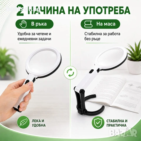 Ръчна и настолна лупа лед осветление за четене бродиране шиене гоблени, снимка 2 - Други инструменти - 29229533