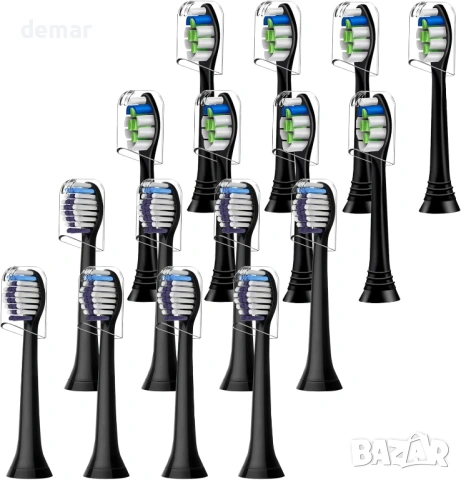 Резервни глави за четка Philips Sonicare, 8 избелващи + 8 прецизно почистващи, черни