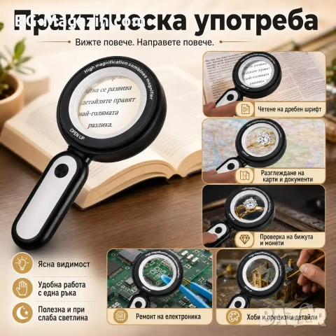 Професионална мощна голяма увеличителна лупа 10x и 30x увеличение LED осветление за четене бижута, снимка 4 - Други инструменти - 50919763