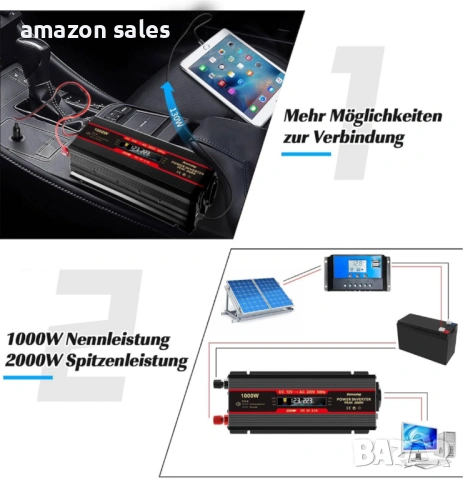 Seamuing 1000W инвертор за кола DC 12V към AC 220V конвертор за EU контакт и USB порт, снимка 7 - Аксесоари и консумативи - 54754816