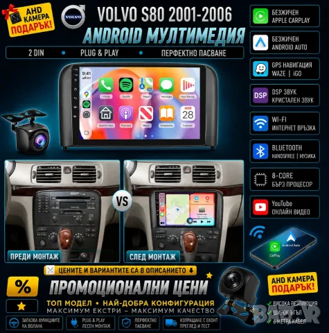 Мултимедия с Android за Volvo S80 (2001-2006) Андроид навигация плеър, Волво S80, двоен дин