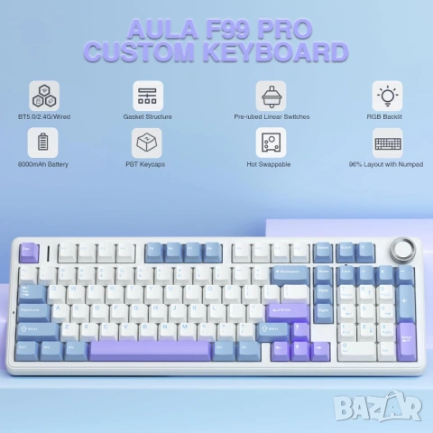 Механична клавиатура AULA F99 Pro Wireless RGB BT 2.4GHz Hot Swap [НОВА], снимка 8 - Клавиатури и мишки - 54260013