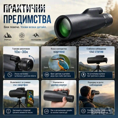 Мощен професионален монокъл 10-30×50 бинокъл за далечни разстояния лов риболов птици трипод телефон, снимка 3 - Екипировка - 51178802
