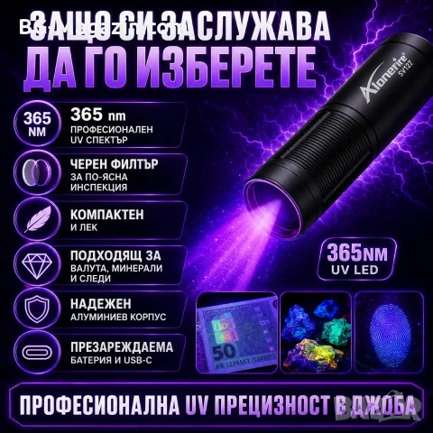 Професионален ултравиолетов ръчен UV фенер 365nm черен филтър за фалшиви пари евро урина камъни, снимка 5 - Други инструменти - 54340413