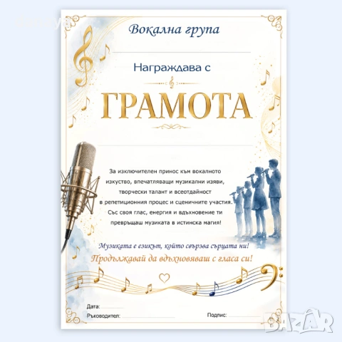 6774 Музикална грамота от вокална група за вокални постижения, А4, снимка 4 - Ученически пособия, канцеларски материали - 54651048