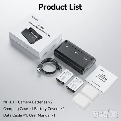 📸 TELESIN NP-BX1 Charging Case + 2 Батерии за Sony – Чисто нов!