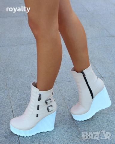 Боти на платформа - бежова кожа с бяло ходило, снимка 3 - Дамски боти - 54160002