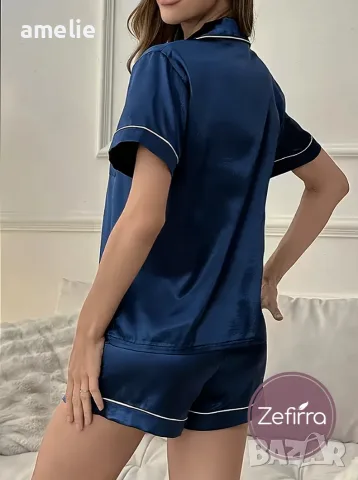 Дамскa сатенена пижама с къс ръкав Zefirra Dark Blue Marine, снимка 2 - Пижами - 55625127