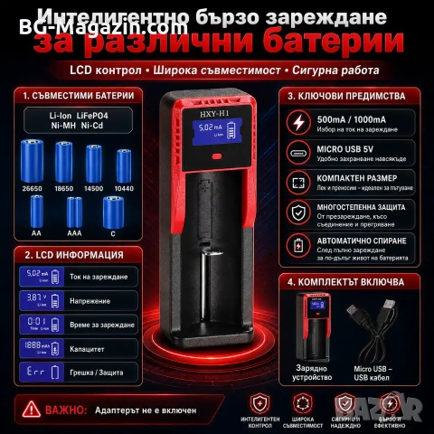 Интелигентно бързо зарядно устройство за батерии Li-Ion Ni-MH универсално 18650 16340 14500 3.7V, снимка 8 - Друга електроника - 51041530