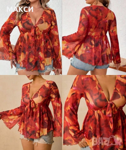 Макси еластична прозрачна блуза с клоширани ръкави и секси V-образно дълбоко деколте в красив флорал