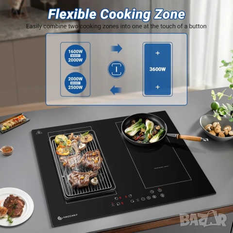 Индукционен плот AMZCHEF 60 см 4 зони 7200W с две Flex зони - НОВ, снимка 8 - Котлони - 54949024