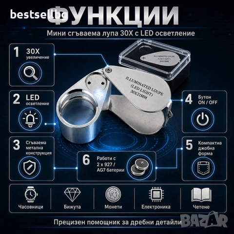 Джобна златарска мощна ръчна лупа лед осветление 30Х за четене бижута, снимка 3 - Други инструменти - 29263724