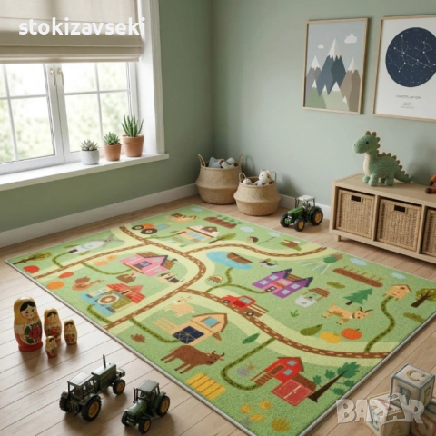 Детски килим за игра 120х160см - Тъмнозелен килим, противоплъзгащ и миещ се, снимка 7 - Килими - 54071956