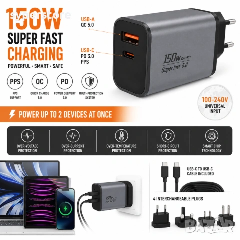 Зарядно за път 150W USB-C USB-A PPS QC PD супер бързо SP01416 PKG121, 150W обща мощност, снимка 2 - Оригинални зарядни - 54939057