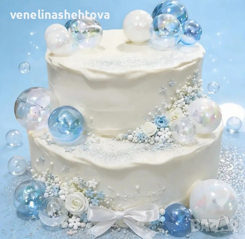 22 броя сапфирено бели прозрачни сини топчета топки за декорация на торта 