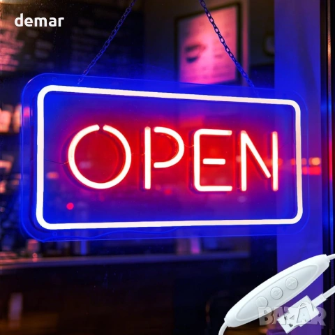 LED неонова табела „OPEN“ за търговски обекти, бар/ресторант (42 см) с верига и димер