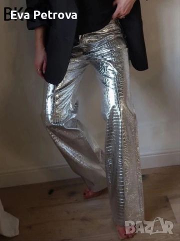 Кожен панталон сив  питон принт 27 S, снимка 2 - Панталони - 54341569