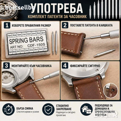 Комплект патенти за часовници 18-22мм стоманени щифтове за каишки ремонт часовникари инструмент, снимка 3 - Други инструменти - 54110007