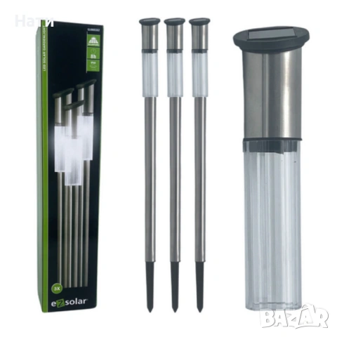 Комплект от 3 броя Led соларни лампи XL 57см - неръждаема стомана, сензор и до 8 часа светене, снимка 9 - Соларни лампи - 54027341