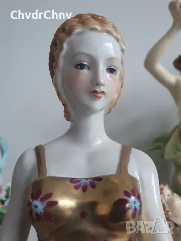 Meissen фигура 34см-1,5кг/Майсен порцеланова статуетка на момиче с цветя, снимка 6 - Статуетки - 55606434