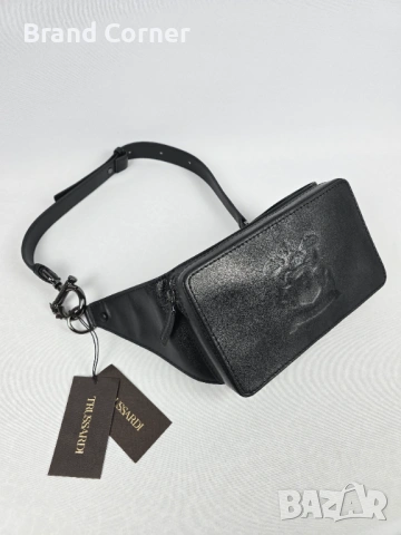 Нова дамска чанта Trussardi - черна, релефно лого и dust bag, снимка 3 - Чанти - 54408796
