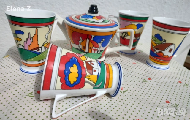 Арт деко чайник и чаши стил Clarice Cliff - Садлер, Wren, снимка 4 - Други - 54600639