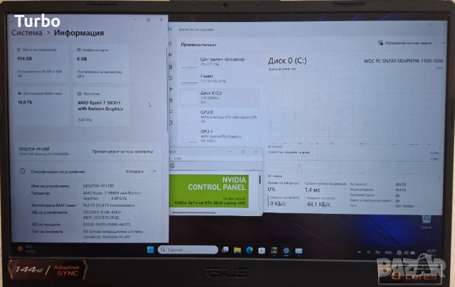 15.6' 144hz Asus TUF Ryzen 7 5800H/RTX 3060 6GB GDDR6/16GB/1TB SSD, снимка 9 - Лаптопи за игри - 54610060