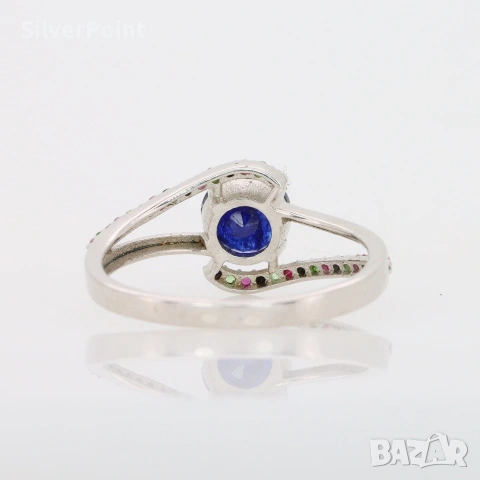 Сребърен пръстен със Сапфир Royal Blue, Рубини и Цаворити със сертификат , снимка 5 - Пръстени - 54640234
