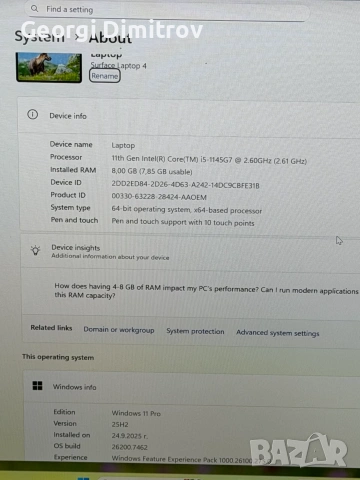 Microsoft Surface laptop 4 i5-1145G7/8RAM/256SSD/Iris XE Graphics/Touchscreen, снимка 4 - Лаптопи за работа - 54984401